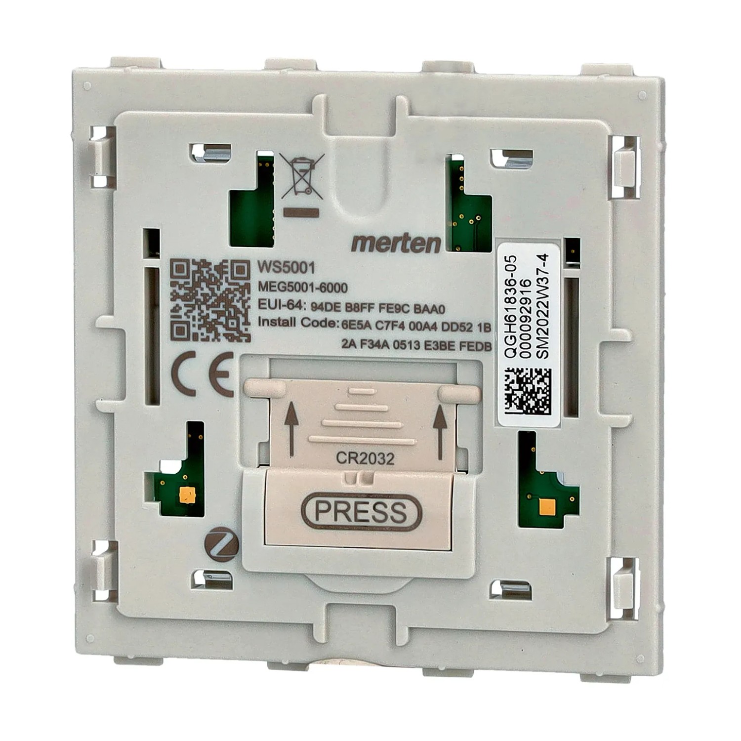 Rückseite des Merten System Design Funk-Tasters MEG5001-6000 mit Details zur Installation und Batterie.