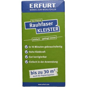 Packung Erfurt Rauhfaser-Kleister, 200g, gebrauchsfertig in 10 Minuten, hohe Klebkraft.