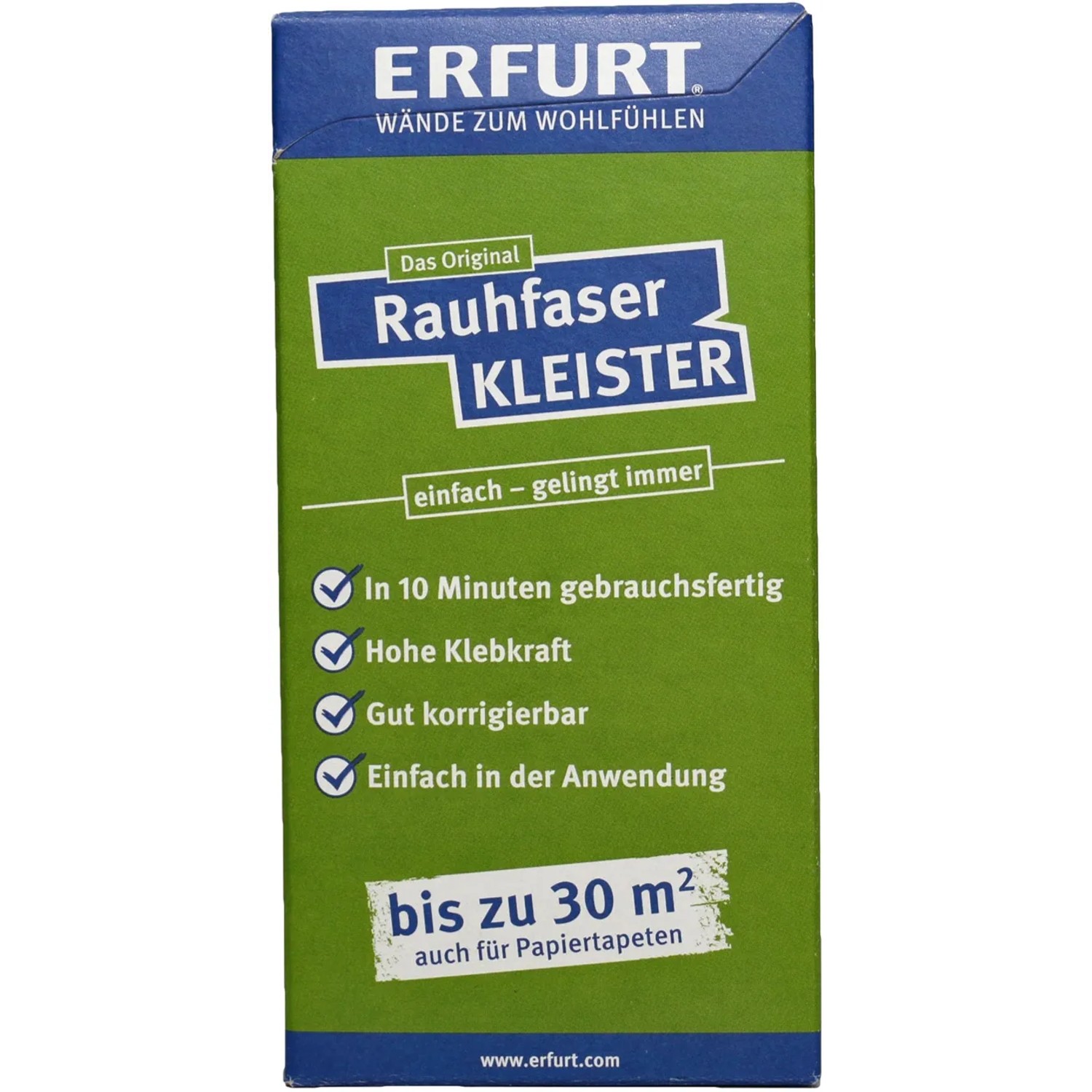 Packung Erfurt Rauhfaser-Kleister, 200g, gebrauchsfertig in 10 Minuten, hohe Klebkraft.