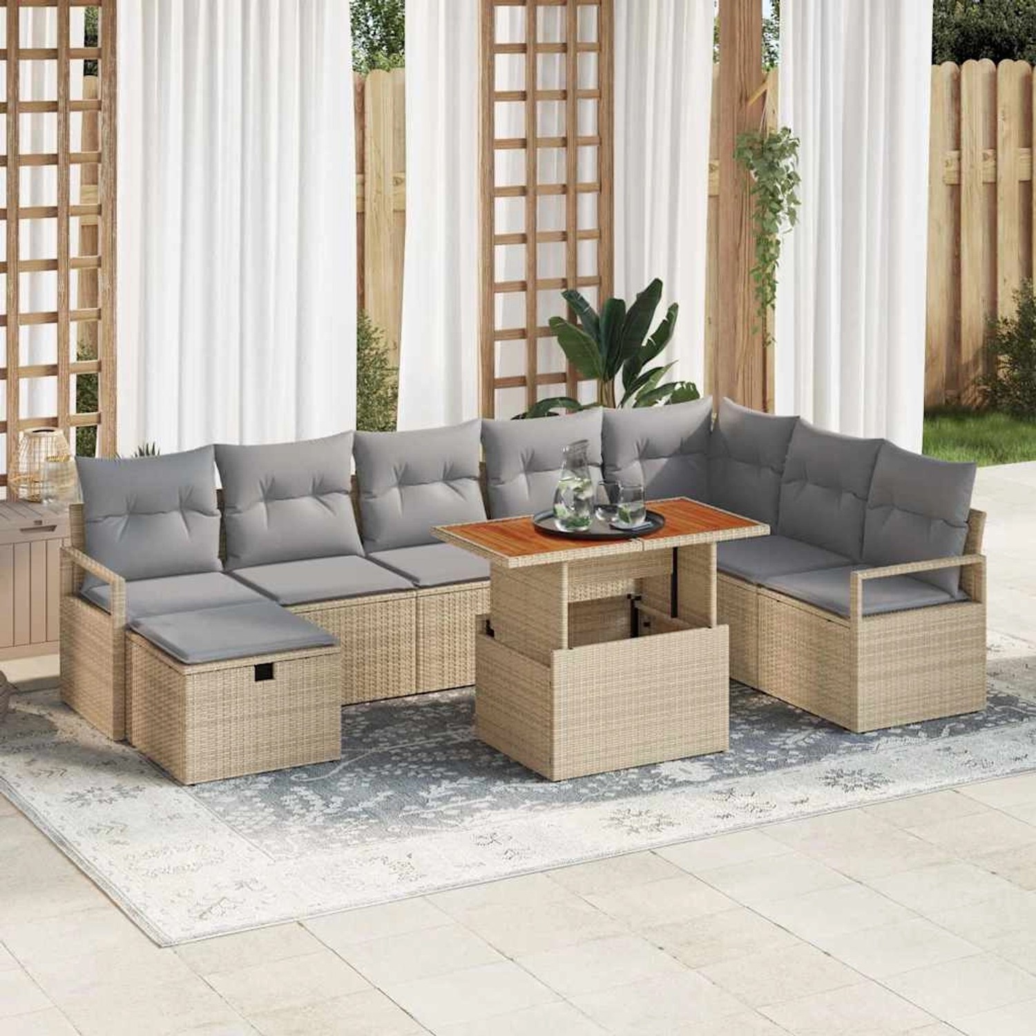 Beiges 9-teiliges vidaXL Garten-Sofa-Set aus Rattan mit Kissen und Stauraum.