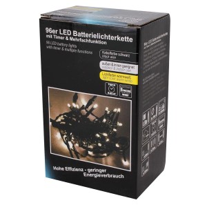 Schwarze Verpackung der Lex 96er LED Batterielichterkette. Zeigt warmweiße Lichterkette mit schwarzem Kabel, Timer, 8 Effekte, für Außen & Innen.