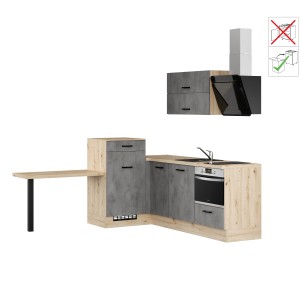 Moderne Winkelküche in Beton-Optik mit E-Geräten und heller Eiche-Nachbildung. Inklusive Spüle und Dunstabzugshaube.