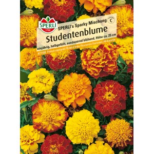 Samenpackung Sperli Studentenblume Sparky Mischung mit gelben, orangen und rotbraunen Blüten.