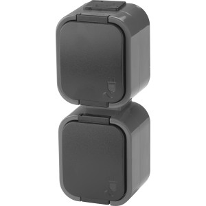 Graue 2-fach Schuko-Steckdose mit Klappdeckel für Innen- und Außenbereich.