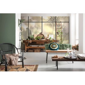 Komar Fototapete Casa Cabina (400x250 cm) im Wohnraum mit Werkbank und Dekoration.