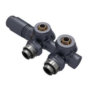 Emke Multiblock Ventil mit Thermostat, anthrazitfarbene Anschlussgarnitur für Heizkörper.