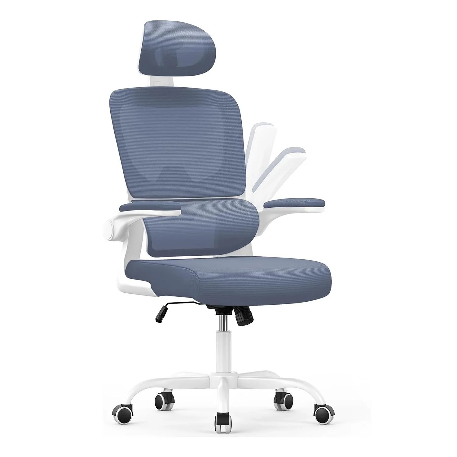 Rattantree Ergonomischer Drehstuhl mit Wippfunktion und Höhenverstellung Kopf und Klapparmlehnen Weiß und Dunkelblau
