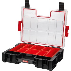 Offener Qbrick System Organizer Pro 300 Werkzeugkoffer mit 8 roten Fächern und transparentem Deckel.