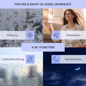 Klarstein Klimaanlage: 4-in-1 Funktion – Kühlen, Ventilieren, Entfeuchten, Nachtmodus.