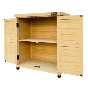 Offener, brauner Axi Gartenschrank Felix aus Holz mit zwei Einlegeböden.