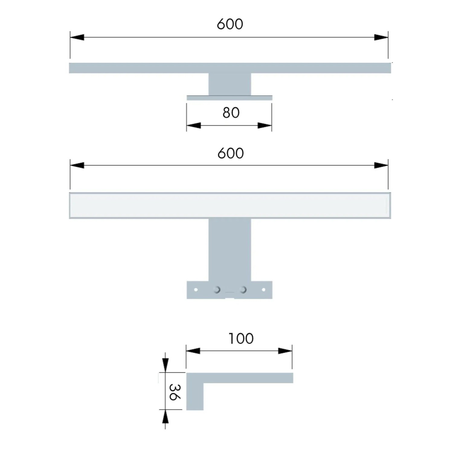 Technische Zeichnung der verchromten LED Badleuchte (600mm) mit Maßangaben für die Montage.