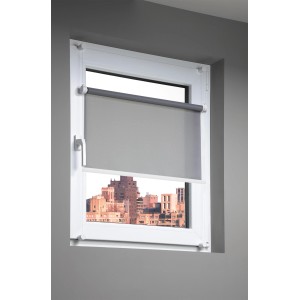 Graues My Deco Rollo Verspannt Flex am Fenster für Sichtschutz und stufenlose Höhenverstellung.