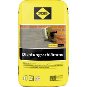 Sakret Dichtungsschlämme 10kg, gelber Sack mit Anwendungsbeispiel, für Wand- und Bodenabdichtung.