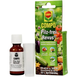Compo Pilz-frei Revus®: Fungizid gegen Pilzerkrankungen an Obst und Gemüse, 20 ml Flasche mit Messbecher.