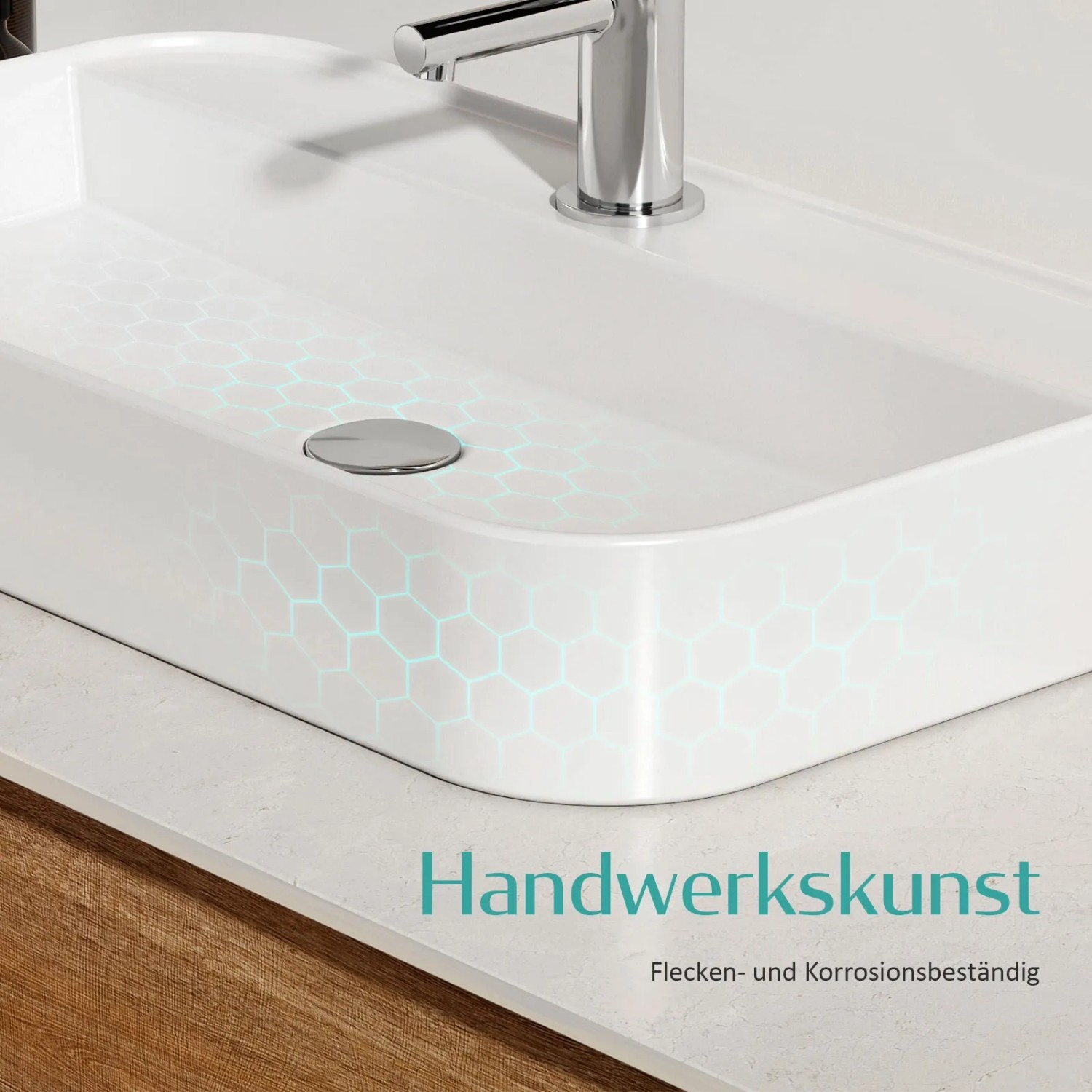 Weißes, eckiges Emke Handwaschbecken aus Keramik mit Hahnloch und modernem Design.