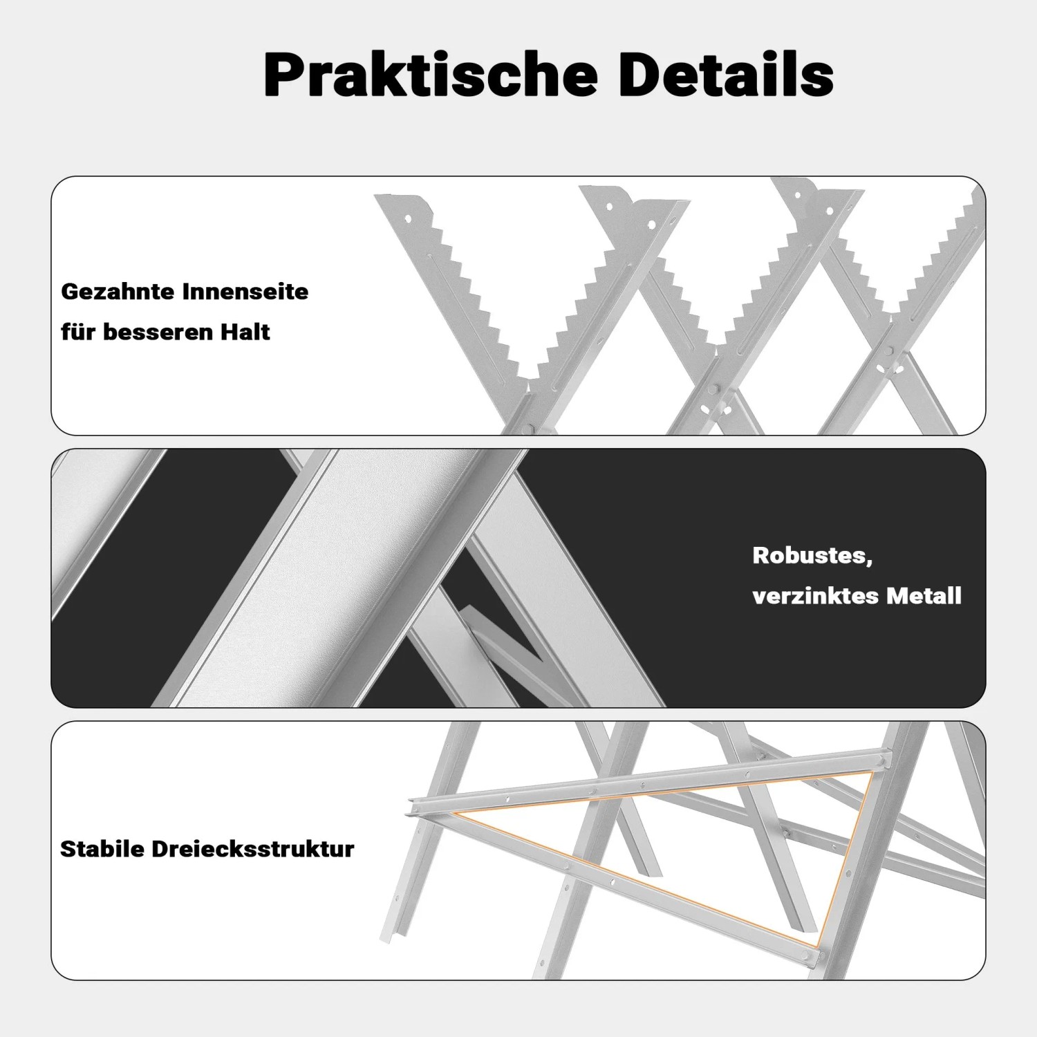Xpotool Sägebock: gezahnte Stammhalter, robustes verzinktes Metall, stabile Basis. Klappbarer Holzsägebock.