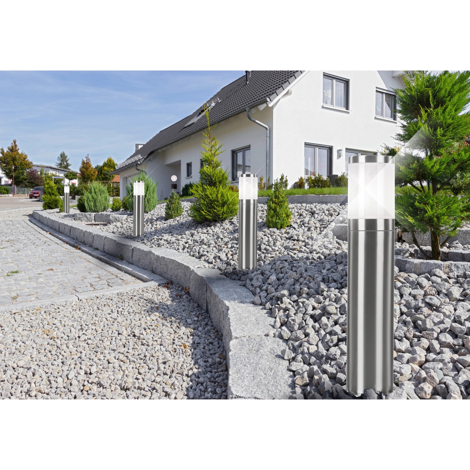 Globo XELOO Edelstahl Wegeleuchten im Garten, zylindrische Form, modernes Design.