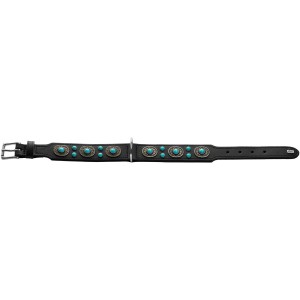 Schwarzes Hunter Halsband Sioux Gr. M-L (60 cm) mit türkisfarbenen Schmucksteinen und silberfarbenen Metallelementen.