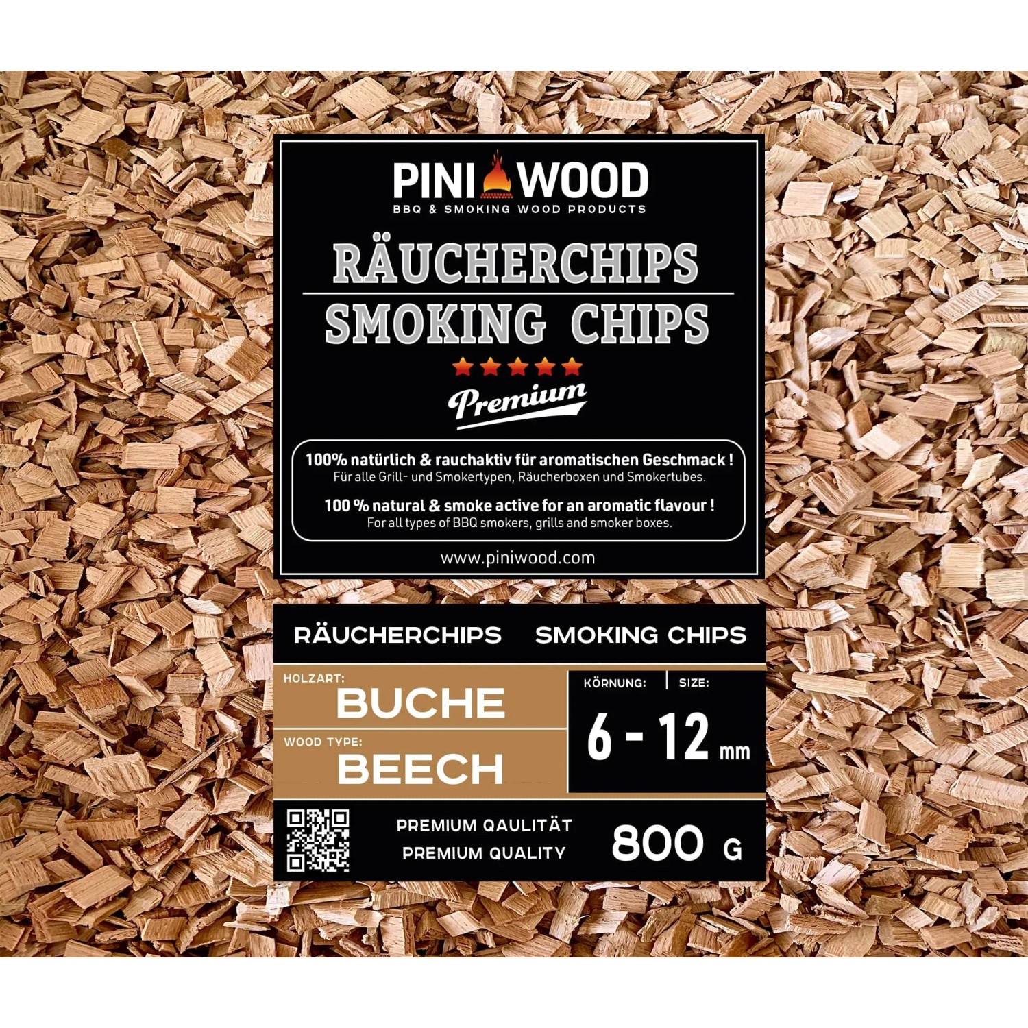 PINI Räucherchips Buche 800g, 6-12mm, für Grill & Smoker. Holzspäne für intensives Raucharoma.