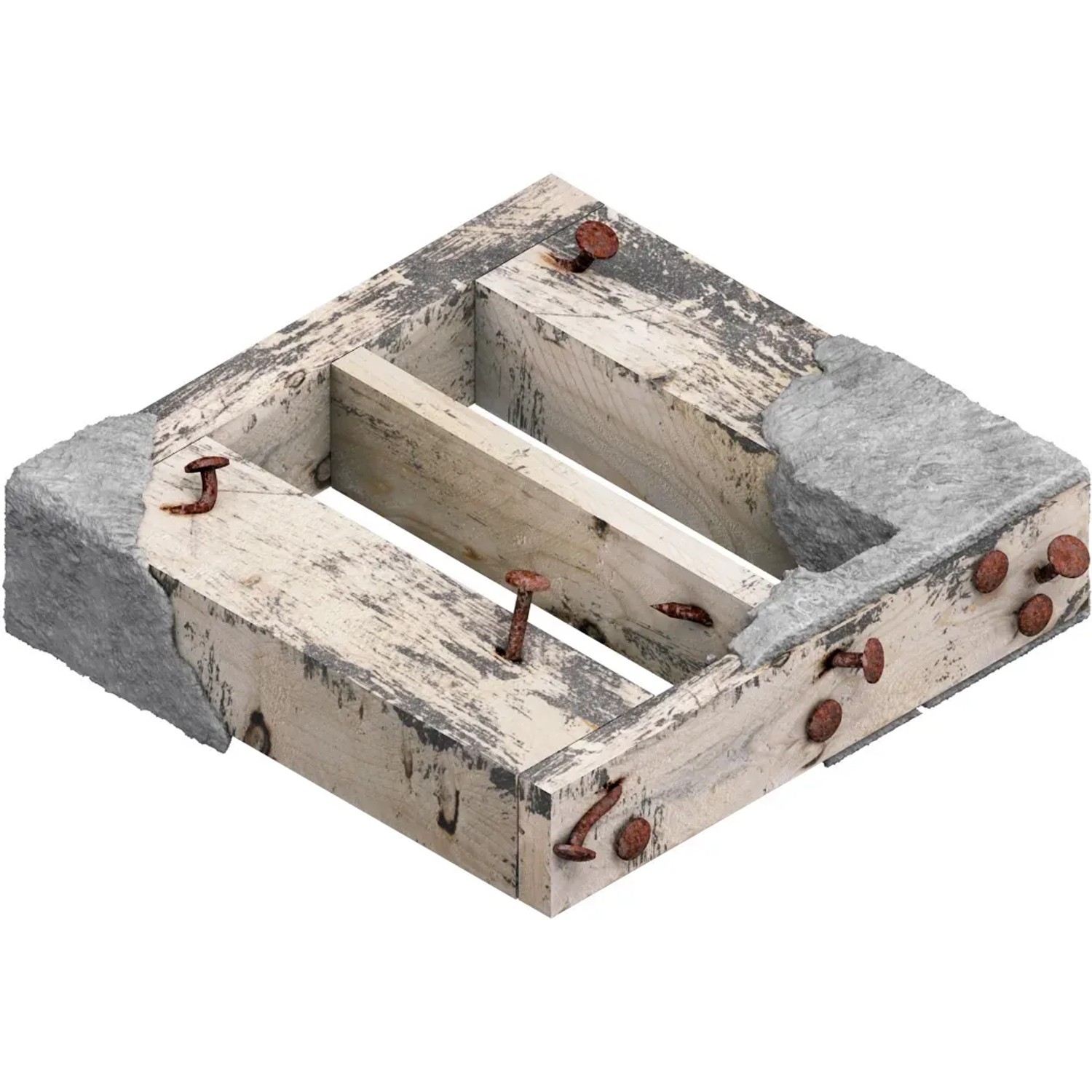 Schnittbild von Holz mit Nägeln und Stein, geeignet für Bosch Expert Stichsägeblatt Multi Material.
