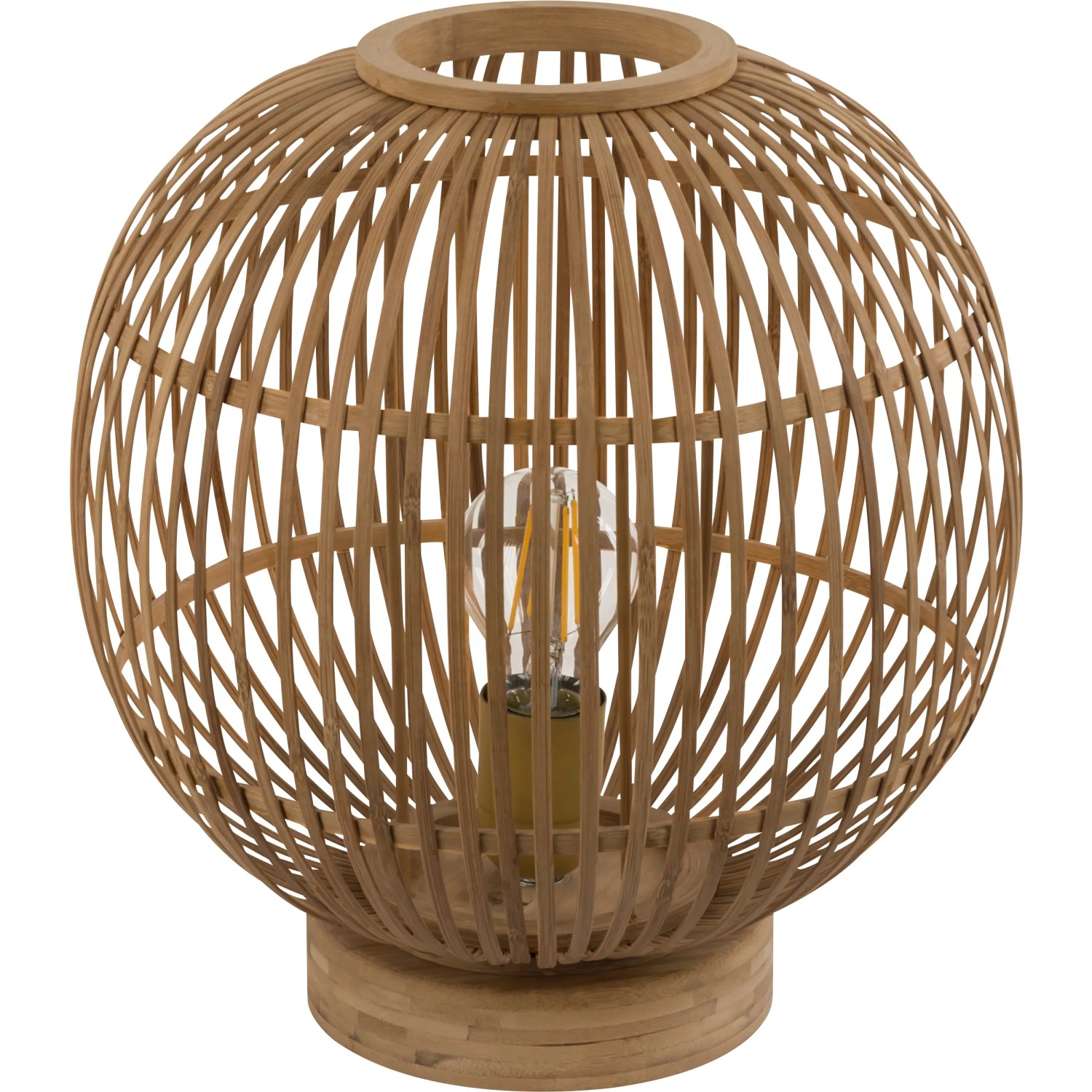 Tischlampe Hildegard aus Bambus, runde Form, natürliches Material für gemütliches Licht.