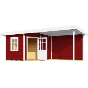 Weka Gartenhaus San Remo B, schwedenrot-weiß, mit Terrasse. Holzhaus mit Fenster und offener Tür.