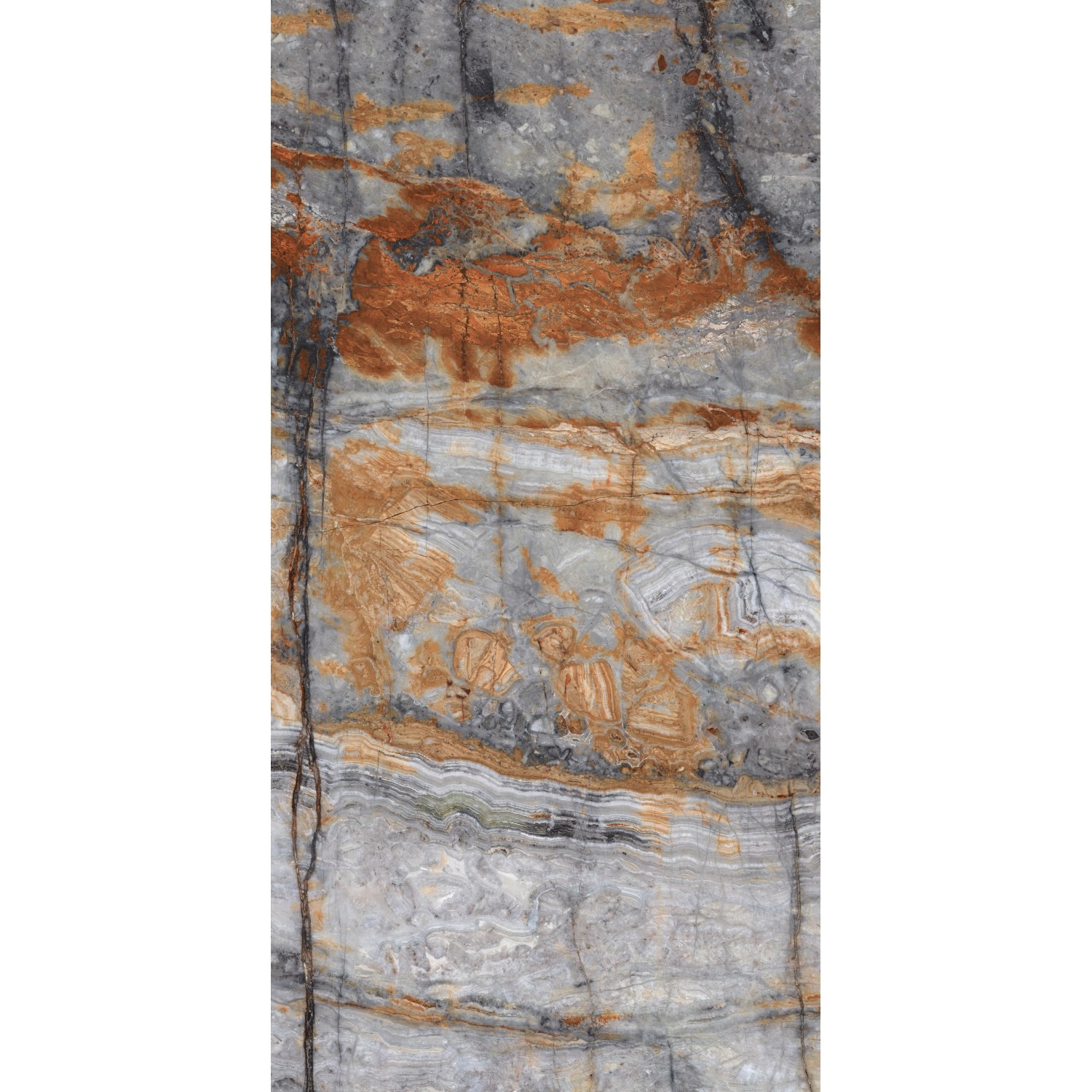 Feinsteinzeug Bodenfliese, 60x120 cm, poliert, Steinoptik in Grau und Braun.