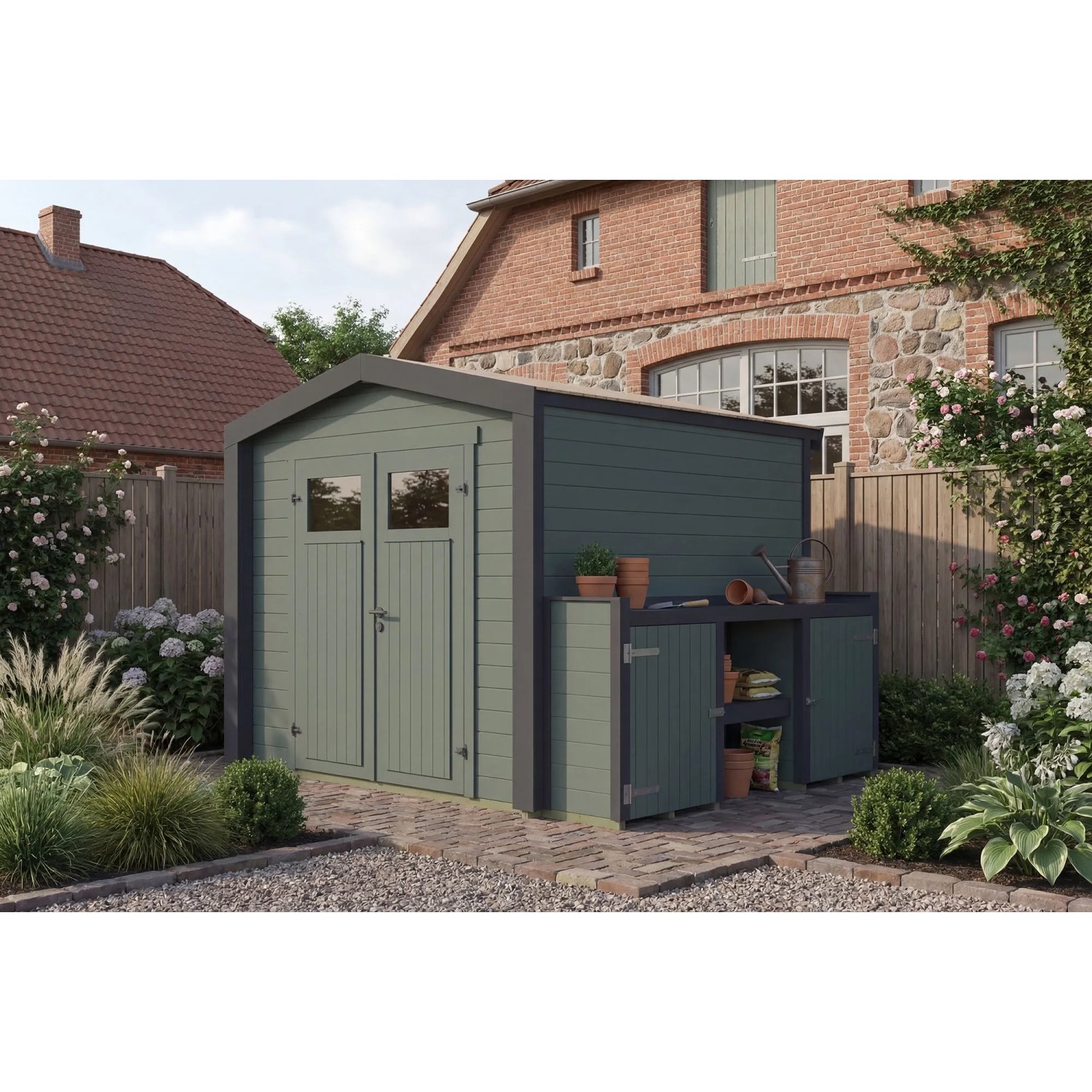 Weka Holz-Gartenhaus Killarney Satteldach Grau-Grün Lasiert 307 cm x 263 cm