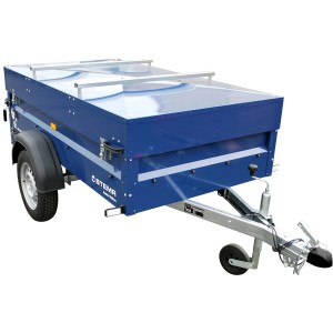 Stema Anhänger Blue Man 750: ungebremster Autoanhänger mit blauem Deckel und Stützrad.