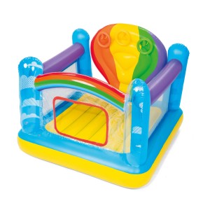 Aufblasbares Up, In & Over Regenbogen Trampolin für Kinder, mit bunten Elementen und Netzfenstern.