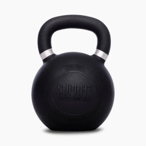 Schwarze Suprfit Elite Gusseisen Kettlebell 44 kg mit silbernem Griffband. Ideal für Sport & Fitness Training.
