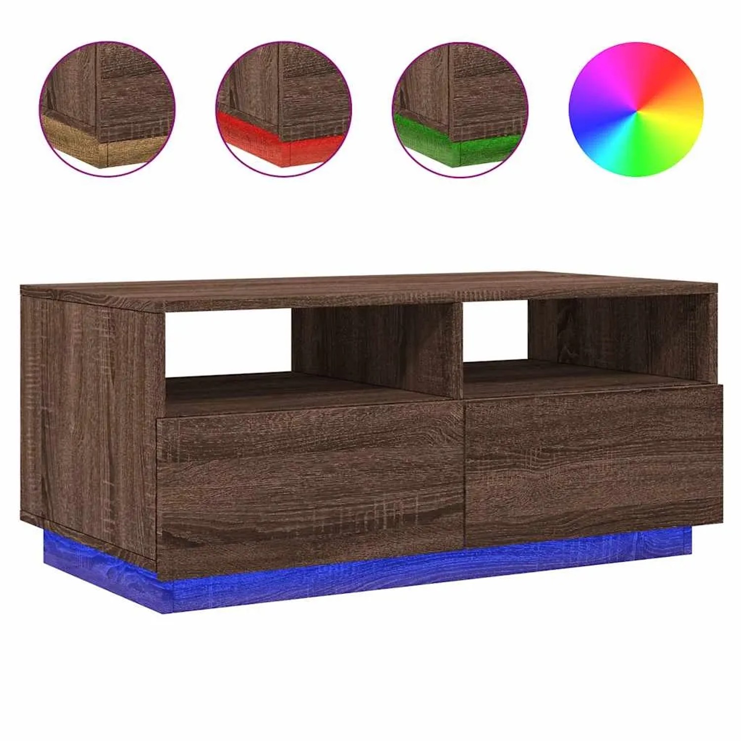 Moderner Couchtisch in Braun Eichen-Optik mit blauer RGB-LED-Beleuchtung, Schubladen und offenen Fächern.