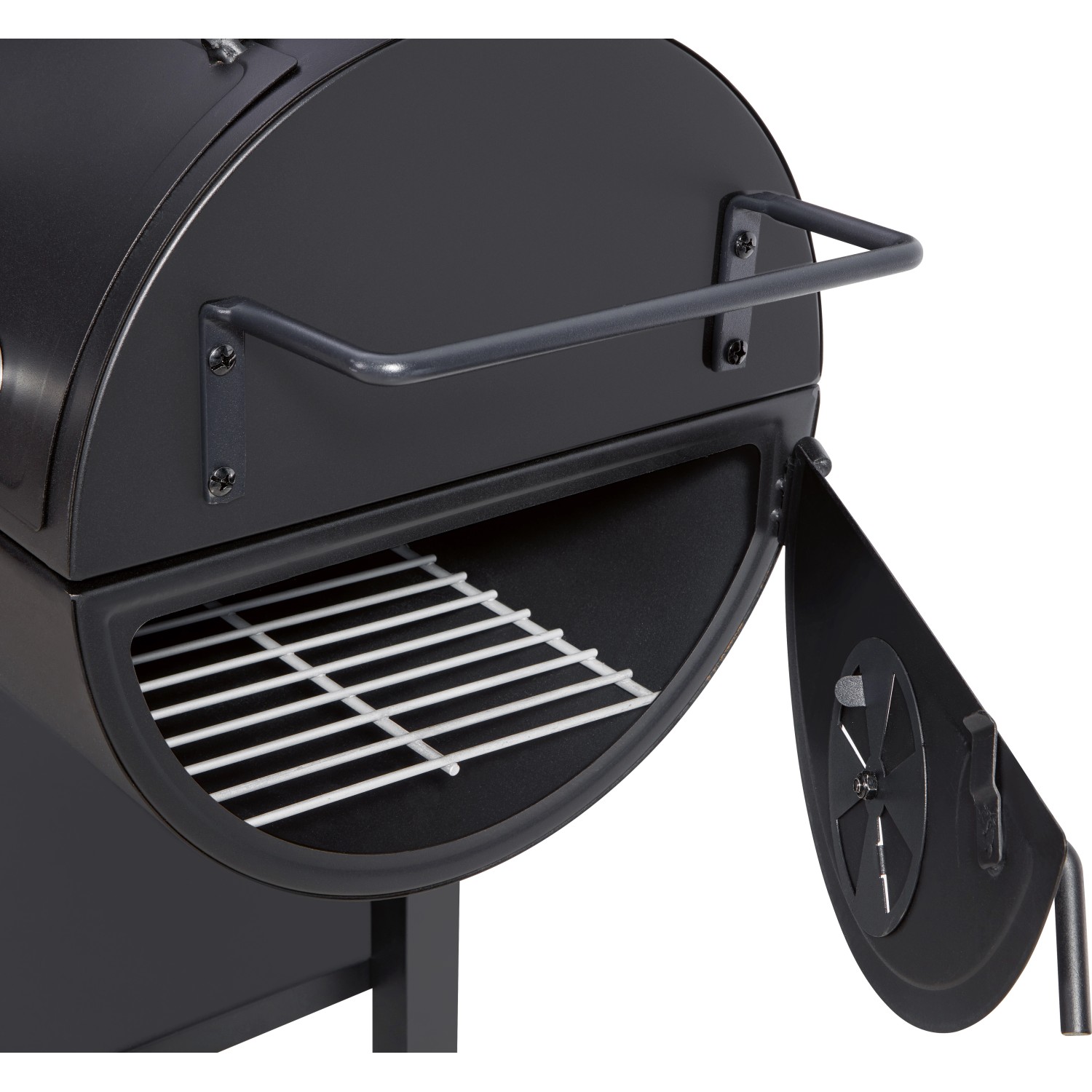 Detailansicht des Jamestown Kombigrill Dean mit geöffneter Smoker-Tür und Grillrost.