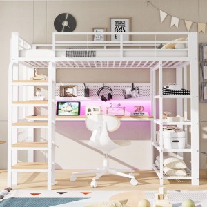 Weißes Metall-Hochbett 90x200cm mit integriertem Schreibtisch, LED-Beleuchtung, Leiter und Regal.