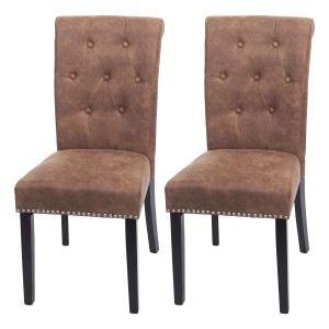 2er-Set MCW Esszimmerstühle Chesterfield II, brauner Stoffbezug, dunkle Holzbeine und Ziernägel.