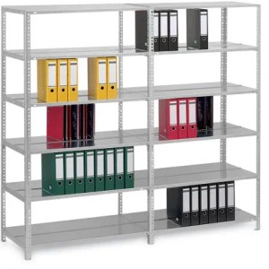 PROREGAL Aktenregal, Schraubsystem, verzinkt, mit 3 Ebenen und Aktenordnern.