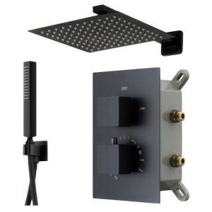 KOLMAN Duschsystem schwarz: quadratische Kopfbrause, Handbrause, thermostatische Unterputz Armatur aus Messing.