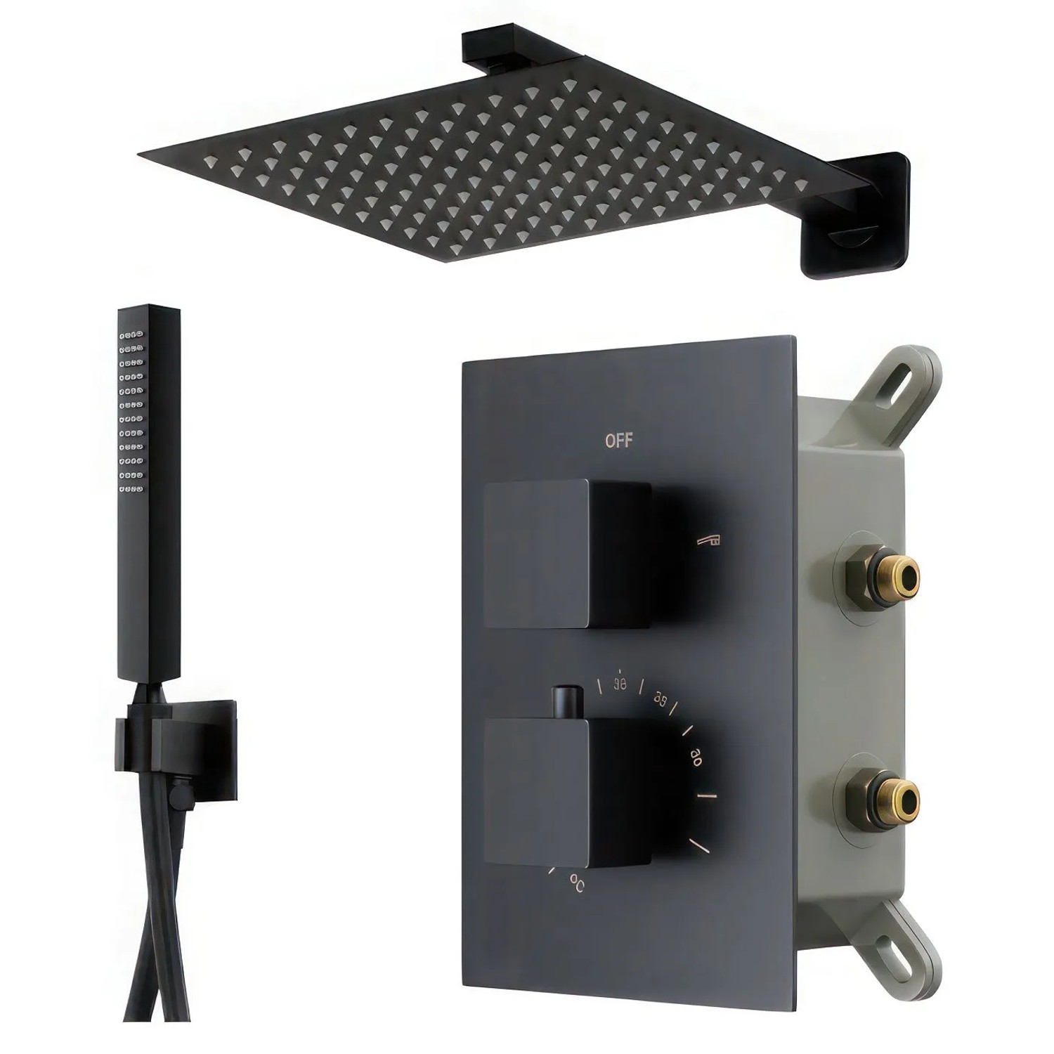 KOLMAN Komplettes Duschsystem Thermostatisch Unterputz Armatur Wasserhahn mit Kopfbrause in Schwarz