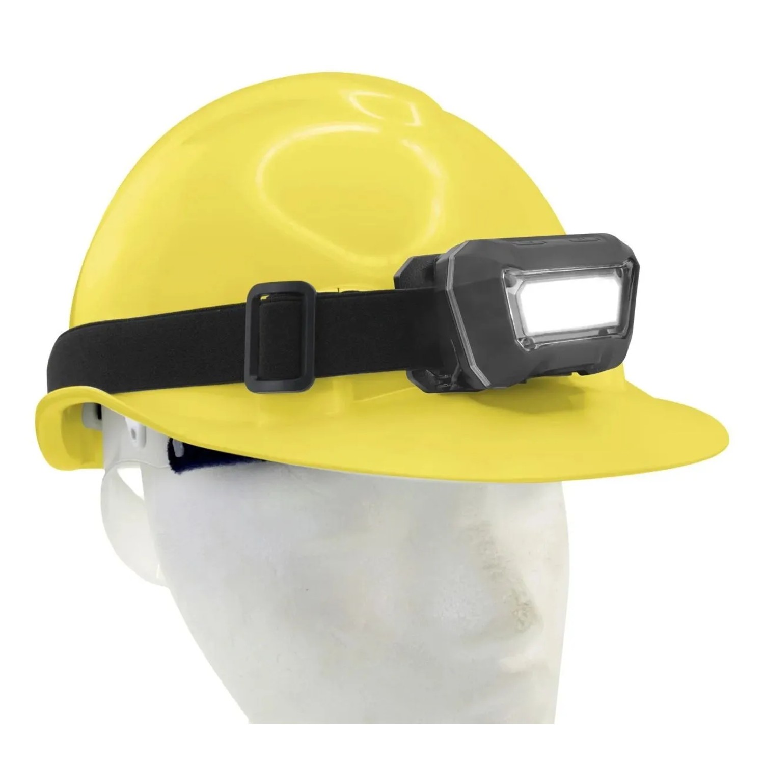 Westfalia LED Sensor-Kopfleuchte mit Akku, schwarz, am gelben Bauhelm befestigt.