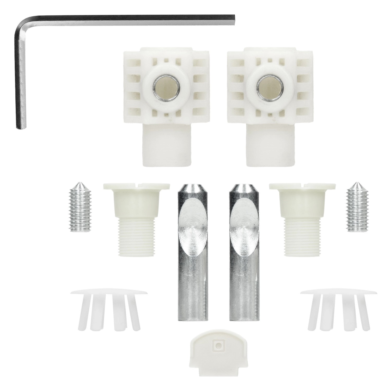 Montageset für LuxeBath Hänge WC: Schrauben, Dübel, Halterungen und Inbusschlüssel.