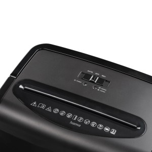 Hama Aktenvernichter Prime M80, Detailansicht der Bedienelemente und des Einzugs.