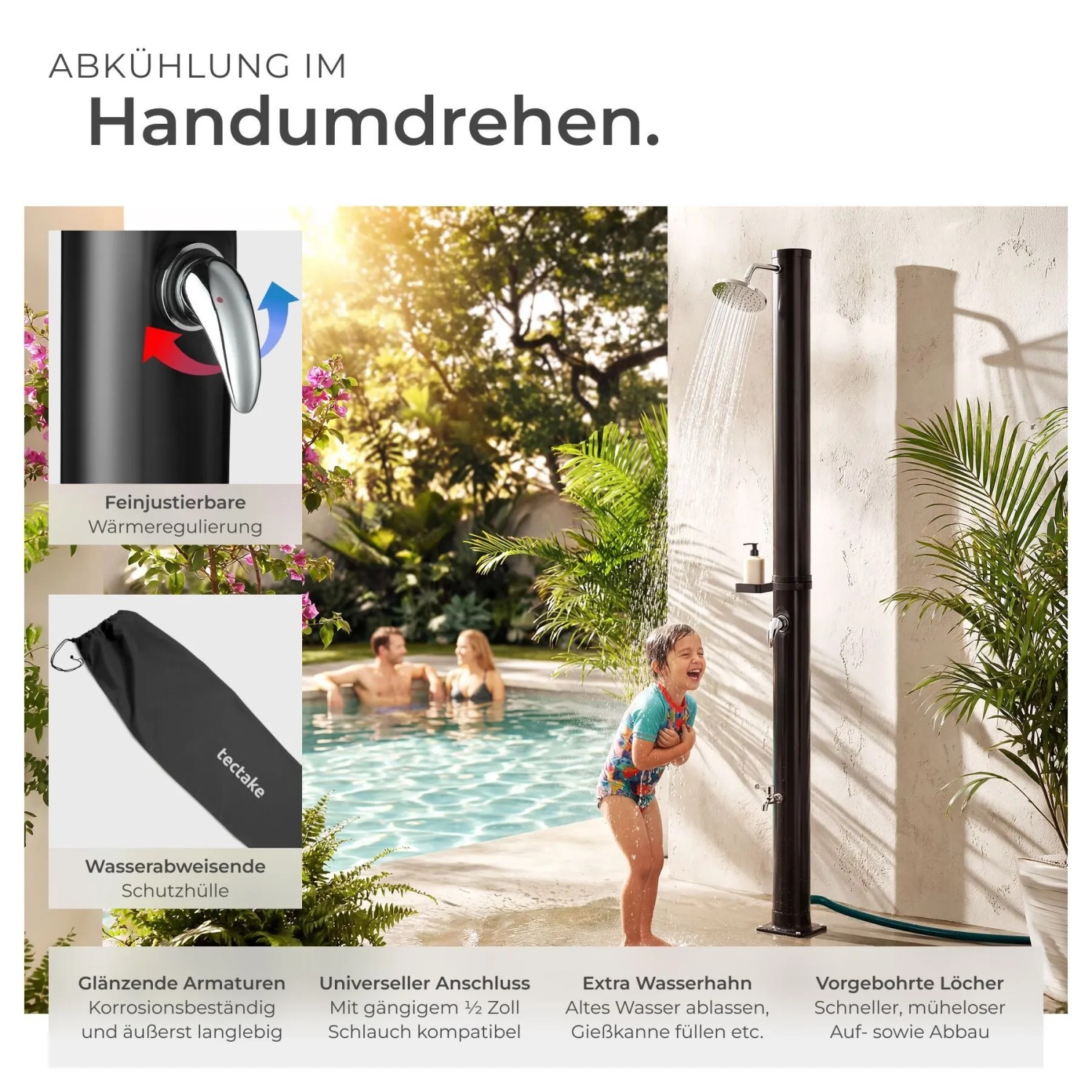 Tectake Solardusche Tinto 20L mit Duschkopf, Seifenablage und Schutzhülle, im Garten.