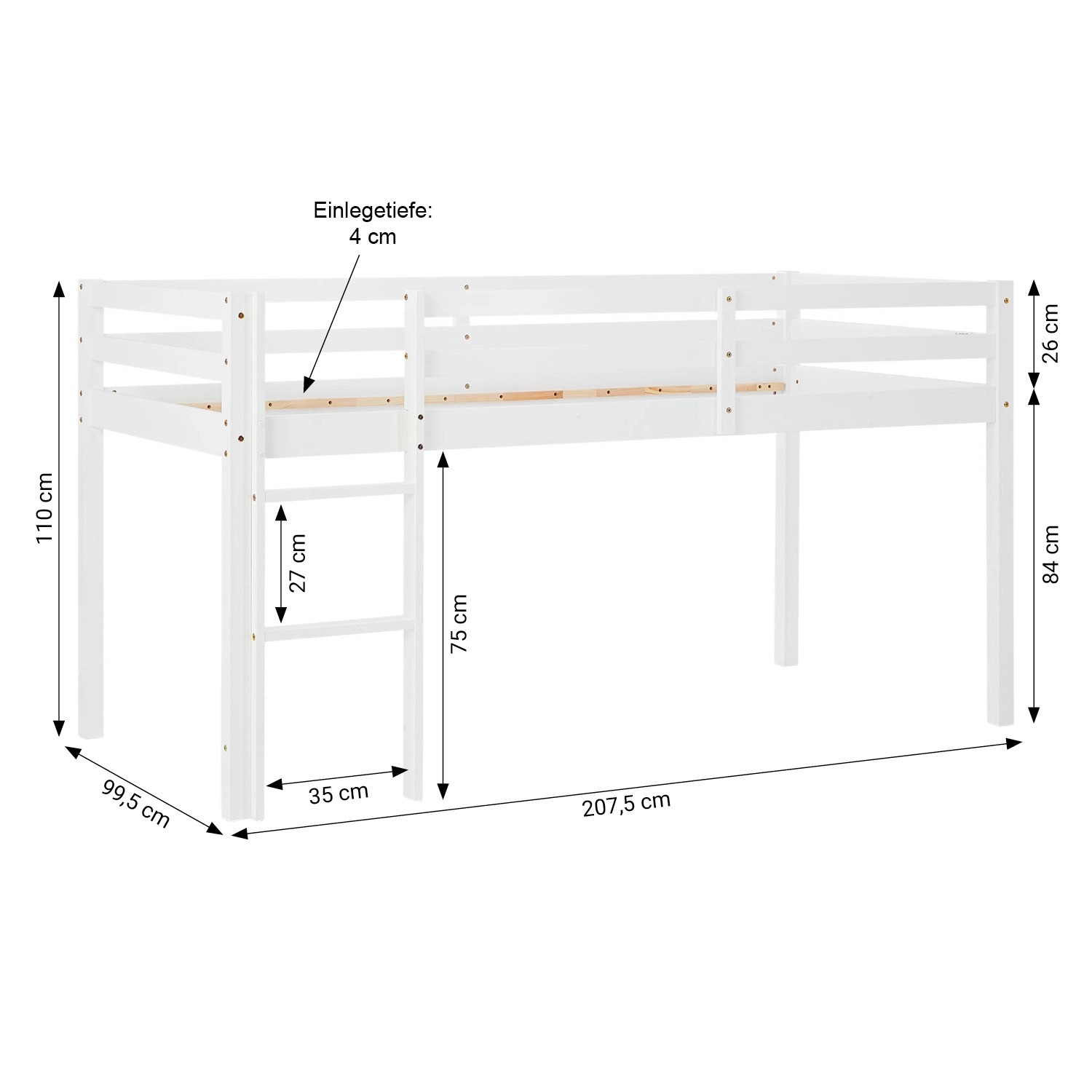 Homestyle4u Kinder Hochbett 90x200 cm, weiße Holzkonstruktion mit Maßangaben.