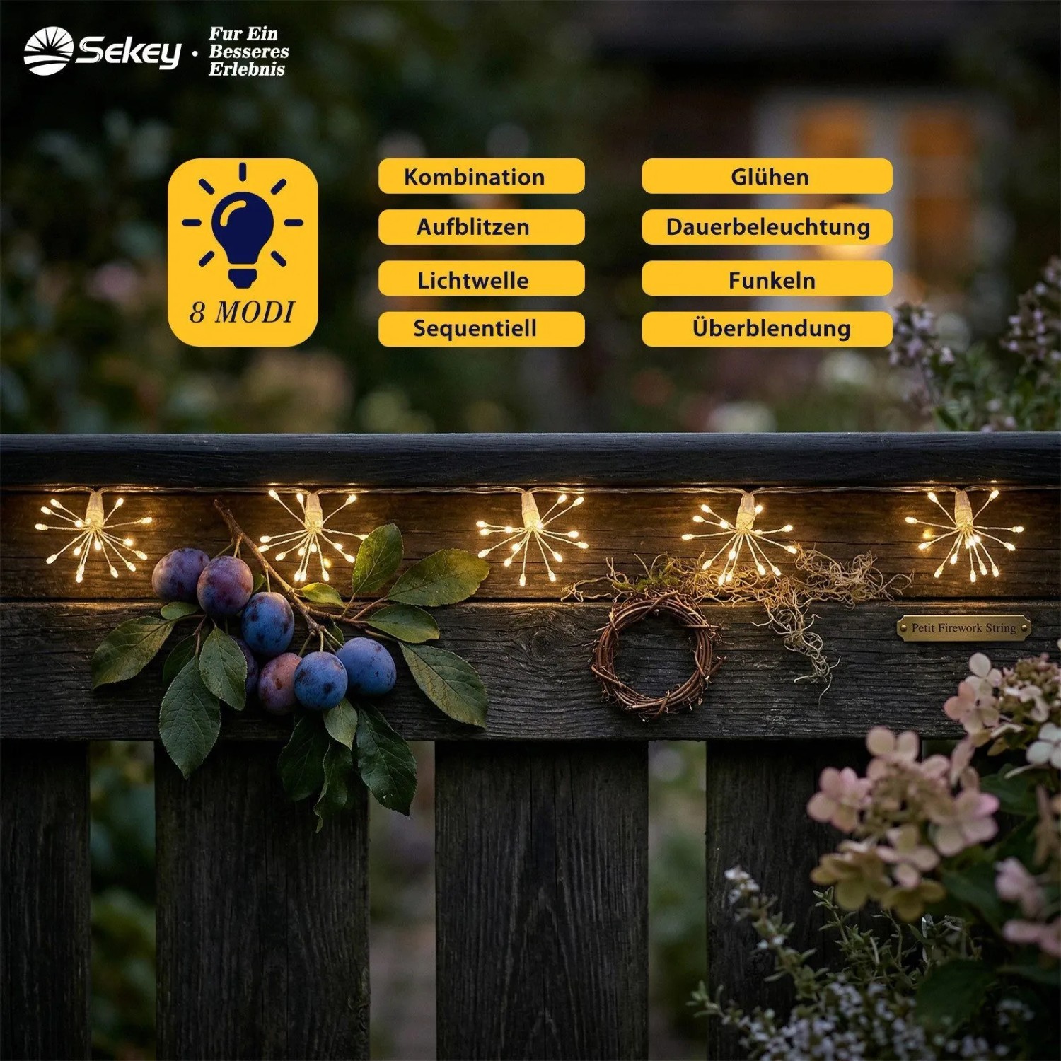 Salcar LED Solar Feuerwerk Lichterkette warmweiß am Holzzaun. 8 Leuchtmodi für stimmungsvolle Weihnachtsbeleuchtung im Garten.