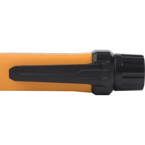 Detailaufnahme: Gelber, kontaktloser Spannungsprüfer (12-1000V) mit Clip und LED-Taschenlampe.