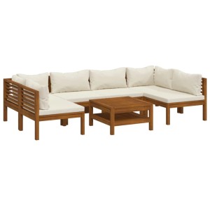 7-teiliges Garten Lounge Set aus Akazienholz mit creme Kissen und Tisch.