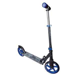 Muuwmi Aluminium Scooter, schwarz-blauer Tretroller mit 200 mm Rollen und höhenverstellbarem Lenker.