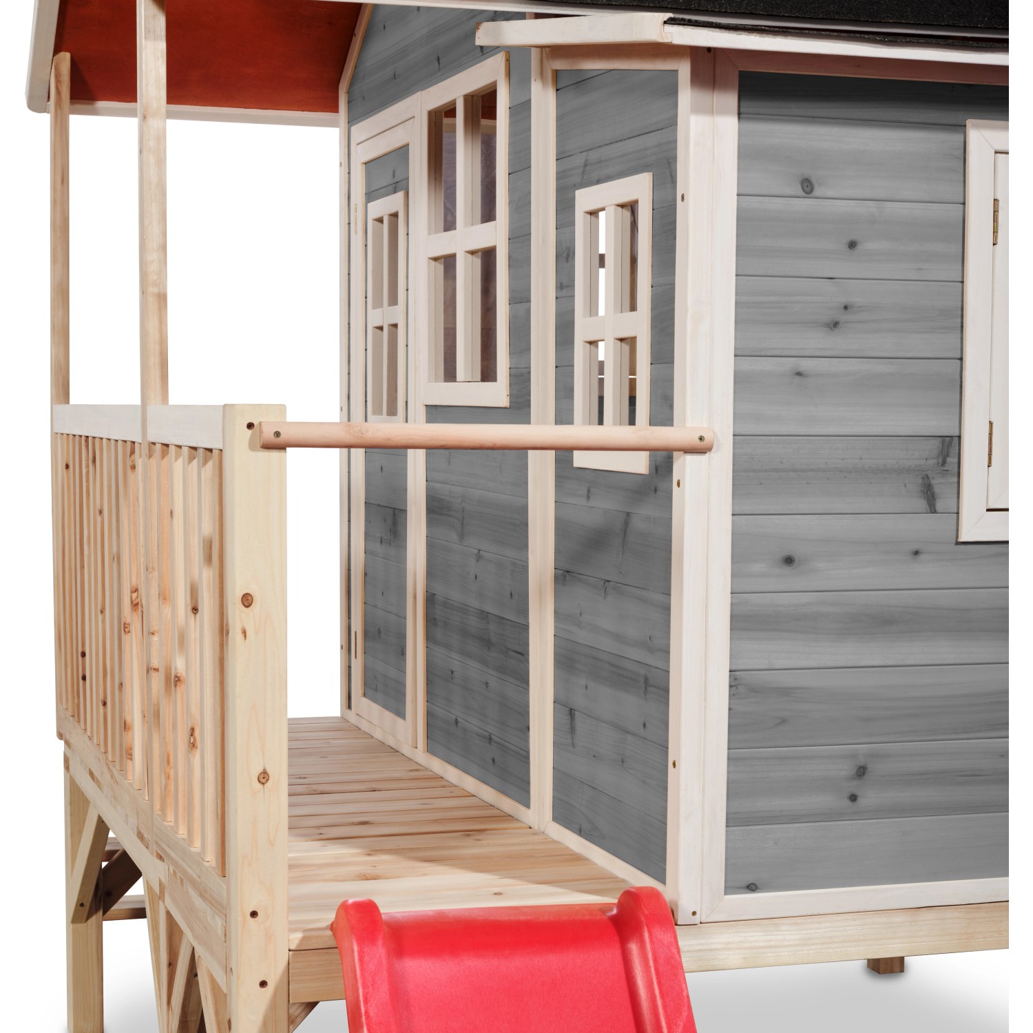 Graues EXIT Loft 350 Holzspielhaus mit Anbau, Rutsche und Geländer.