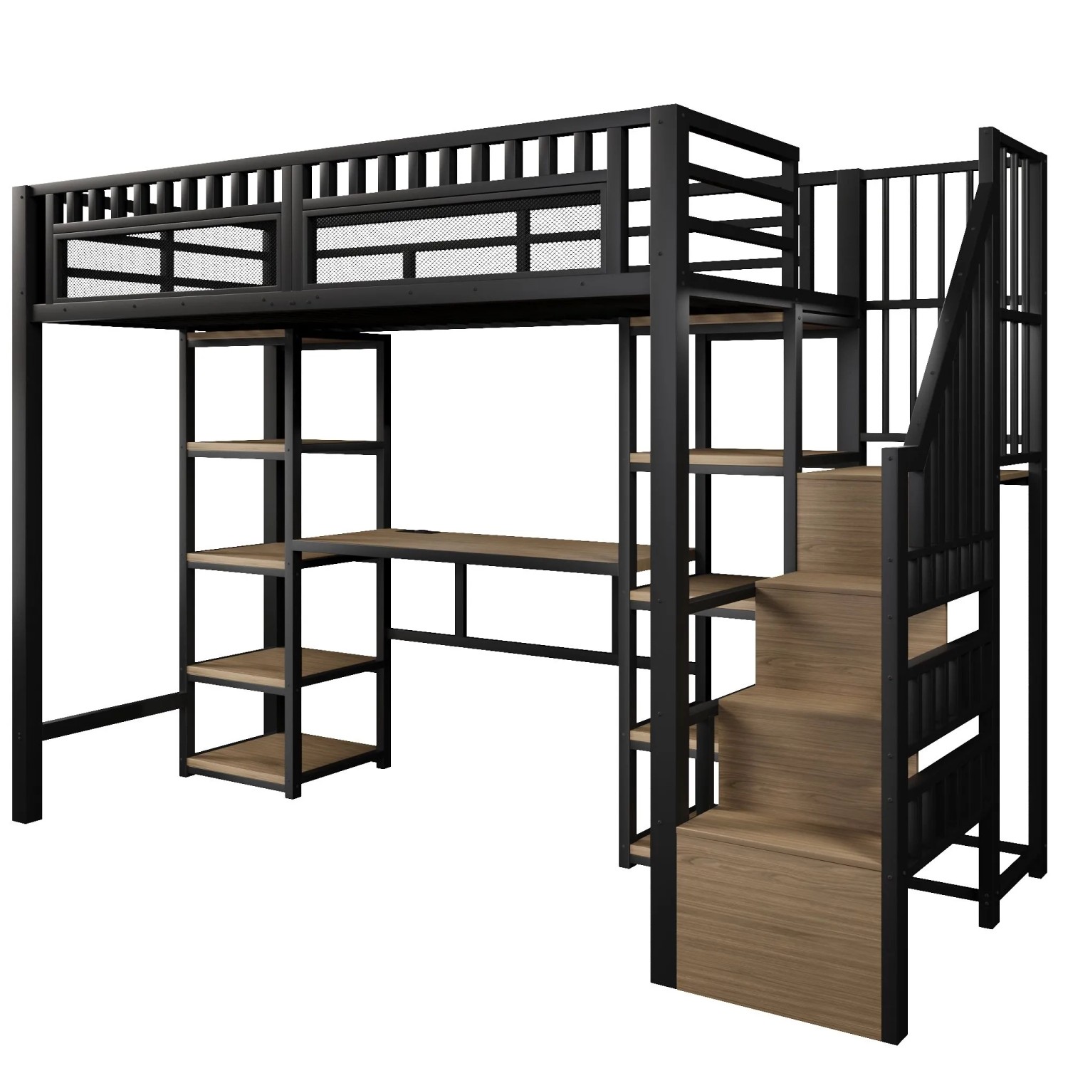 okwish Metall Hochbett 90x200cm mit Schreibtisch USB und Stauraum Schwarz ohne Matratze