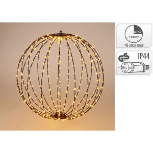 Schwarze faltbare Metallkugel mit 240 warmweißen LEDs, Ø 40 cm. Ideal als Weihnachtsdekoration mit Timer.